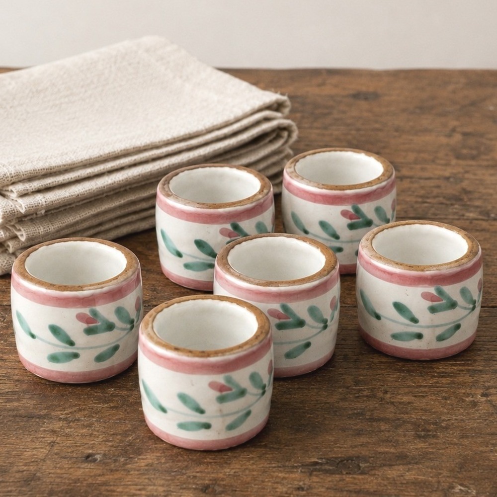 Vintage Caleca Pink Garland Napkin Rings Set of 6 Hand Painted Italian Pottery